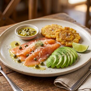 Carpaccio de Salmón con aguacate y patacones